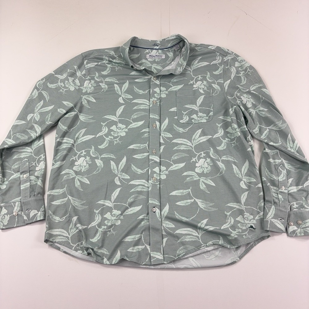 Tommy Bahama San Lucio Stretch Shirt Mens 2XL Green Floral Long Sleeve Button Up